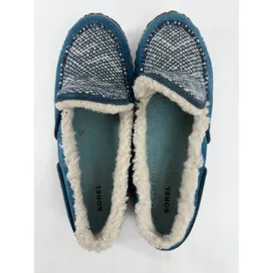 Sorel Tremblant Moc Blue Suede Knit Faux Fur Slippers Womens 11 NL2121-462 thumbnail 6