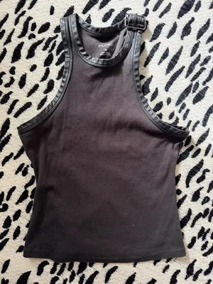 Pilcro Black Ribbed Tank with Faux-Leather Trim thumbnail 1