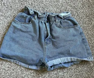 Plaid & Plain Elastic Waist High Rise Denim Jean Retro Rolled Shorts Medium thumbnail 2