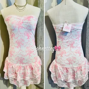 🎀PINK x LoveShackFancy Strapless Lace Mini Dress Ruffles Charlamagne Harbor Pink thumbnail 5