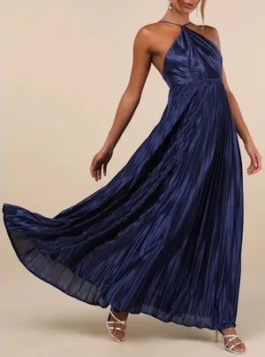 Lulus Elaborate Charm Maxi Dress Womens Navy Blue Satin Pleated Adjustable Strap thumbnail 1