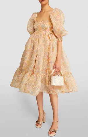 Selkie Hans Christian French Puff Dress‎ Yellow Floral Organza Midi Medium EUC thumbnail 1