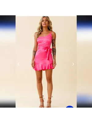 Nwt SELFIE LESLIE DONT WAIT UP ONE‎ SHOULDER WAIST TIE DRESS BARBIE HOT PINK thumbnail 2