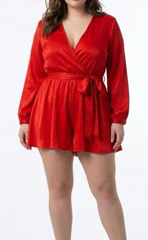 Zara Red Velvet Wrap Romper with Tie Waist Sz XL thumbnail 1
