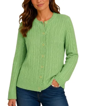 LL Bean Lime Green Cable Knit Cotton Button Up Cardigan Sweater Size LARGE thumbnail 1