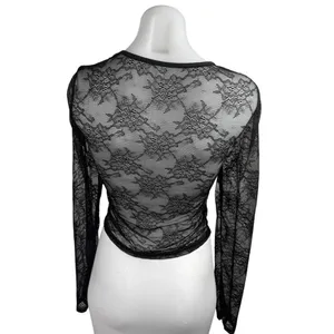 Women's Black Floral Lace Long Sleeve Sheer See Trough Crop BlouseTop Size S thumbnail 2
