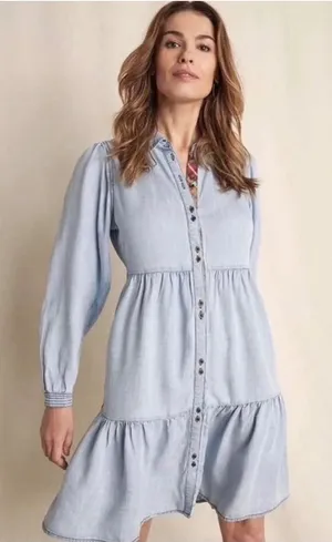 Matilda Jane Light Wash Lyocell Denim Tiered Dress Plaid Trim‎ Womens Medium thumbnail 1