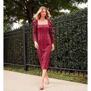 Antonio Melani Elena Plaid Square Neck Midi Dress Long Ruched Sleeve US 10 NWT thumbnail 3