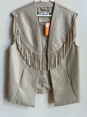 Pesion Fringed Faux Leather Vest Cream bedazzled festival concert cowgirl wear thumbnail 1