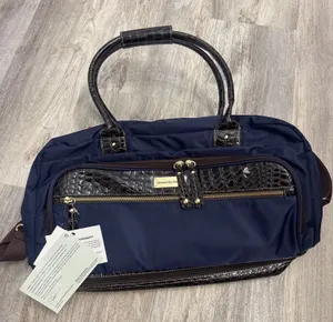 Samantha Brown Navy Brown Croc Embossed Drop Bottom Weekender‎ Travel Bag NEW thumbnail 1