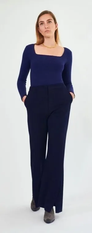 NANUSHKA Tulip Cady‎ Flared Trousers Navy Blue Solid Slit Legs Office Small thumbnail 1