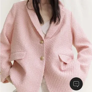 H&M Pink Textured Tweed Blazer Jacket Gold Buttons Oversized Women Medium thumbnail 8