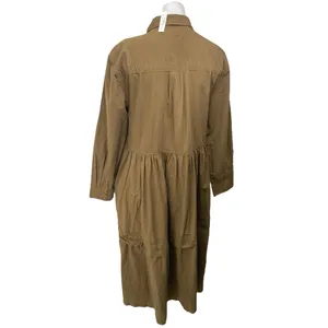 NEW Madewell Brown Pleated Long Sleeve Tiered A Line Midi Shirt Dress Size L thumbnail 2
