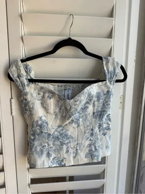 Reformation Eden Off-Shoulder Top in Cream and Blue Floral thumbnail 5