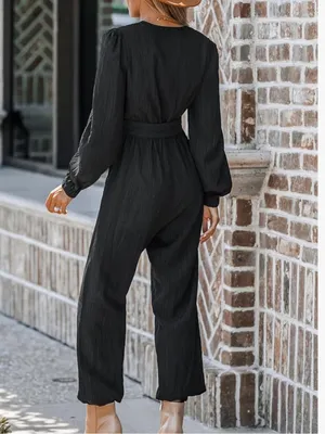 Cupshe Black Pleated Long Sleeve Belted Surplice Jogger Jumpsuit Size XL thumbnail 2