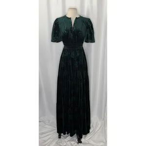 BALTIC BORN Green Velvet Artemis Maxi Dress Tonal Floral Smocked Flutter Small thumbnail 2