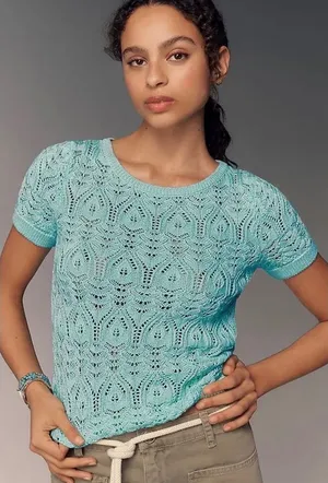 Anthropologie Mint Green‎ Pointelle Eyelet Knit Short Sleeve Keyhole Top 2X thumbnail 1
