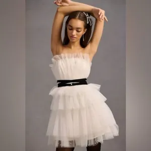 NWT Anthropologie Maeve Tiered Strapless Tulle Pearl Belted Mini Dress White 8 thumbnail 2