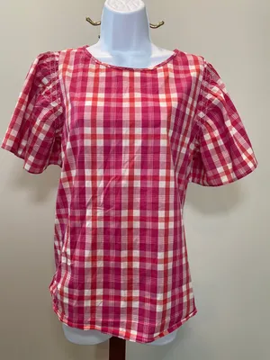Ann Taylor Top Pink Orange White Plaid Loose Fit Size L thumbnail 1
