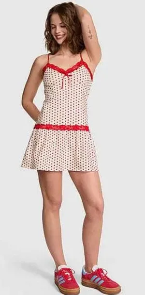 PINK by Frankies Bikinis Frida Mini Dress red and white polka dot print Medium thumbnail 1