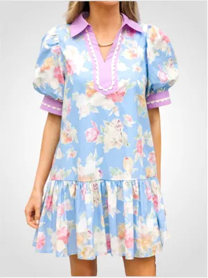 Women's Entro Floral Babydoll Mini Dress Size S Blue and Pink thumbnail 1