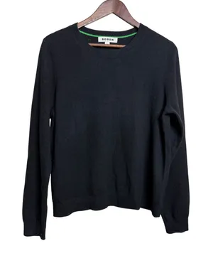 Boden 100% Cashmere Crewneck Sweater Womans L Black Green Trim Ribbed Edges thumbnail 1