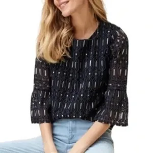 LOFT‎ Navy Blue Geometric Lace Bell Sleeve Blouse Top Small Romantic Feminine thumbnail 8