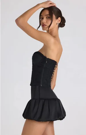 BNWT Oh Polly Black Melvina Ruched Lace-Up Strapless Corset Top & Matiya Bubble Hem Mini Skirt Set thumbnail 9