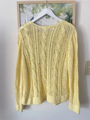 Garnet Hill Linen & Organic-Cotton Cabled Pullover Sweater Sunlight XL thumbnail 6
