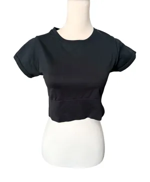 AERIE Offline Black Shot Sleeve Crop Top Seamless Medium thumbnail 1