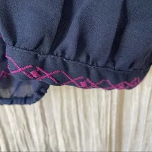 American Eagle Medium Sheer Blue Boho Peasant Blouse Pink Embroidery Tassel thumbnail 11