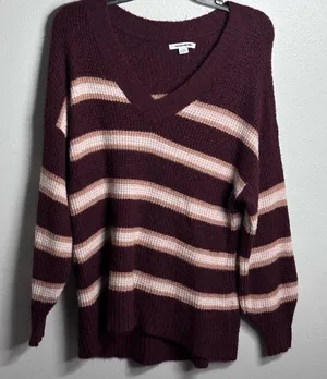 American Eagle Women‎ Burgundy Stripes Knit Pullover Sweater size Small thumbnail 1