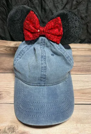 Mouse Ears Blue Denim Baseball Hat Minnie Red Bow thumbnail 1