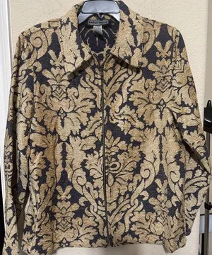 Indigo Moon Blazer Jacket Womens Medium Tapestry full zip Tan Navy Artsy thumbnail 1