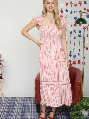 Blu Pepper Stripe Floral Pattern Smocked Tiered Midi Dress Last One Size Small thumbnail 4