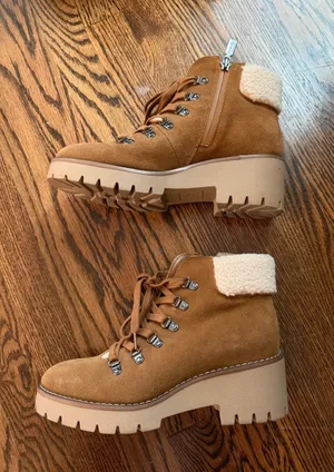 Blondo Chestnut Suede Lace-Up Shearling-Trim Boots thumbnail 1