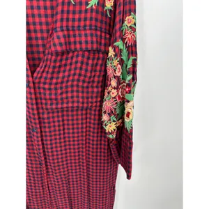 Zara Cardigan Women SMALL Red Navy Blue Plaid Button Front Maxi Dress Duster‎ thumbnail 4