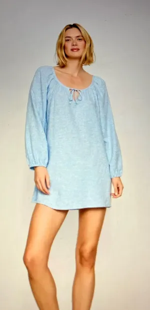 Light Blue Women's Peasant Neck Long-Sleeve dress with seed beaded tassels thumbnail 1