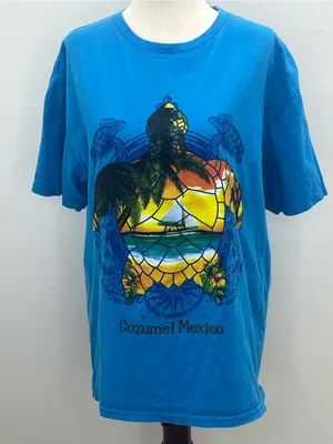 Euro Cotton Women’s Cozumel Mexico Blue Tropical Sea Turtle Print T-Shirt Large thumbnail 1