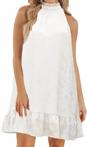 NEW White Floral Sleeveless Halter Dress Ruffle M thumbnail 1