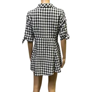 Kate Lily Gingham Short Tie Sleeve Button Up Tunic Blouse Black White Womens 8 thumbnail 5
