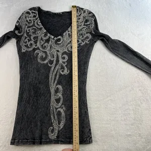 VTG Vocal L Large Top Black Ribbed Embellished Studs Y2K Dark‎ Fairy Goth Punk thumbnail 7