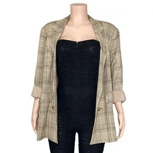 MAJORELLE Rhea Double-Breasted Blazer, Tan Plaid, XL thumbnail 12