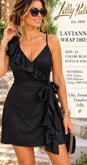 Lilly Pulitzer Lavianna Wrap Mini Dress Black Ruffle V-Neck Zip Lined 12 thumbnail 1