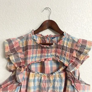 Old Navy Womens Shirt Blouse Multicolor Plaid Smocked cotton Blend Size XL thumbnail 3