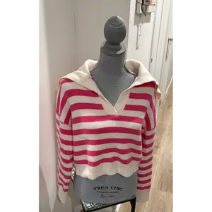 Sincerely Jules Pink White Striped Sailor Collar V-Neck Knit Sweater Med Preppy thumbnail 2