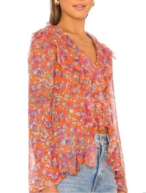 NEW NWT Free People nina printed top in tulip ditsy orange floral bell sleeve thumbnail 4