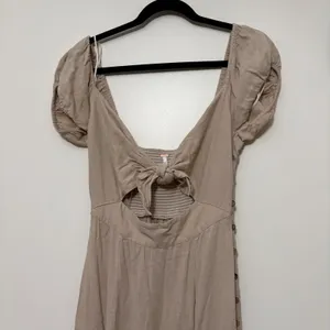 Free People Tan Tie Front Cutout Puff Sleeve Midi Dress Womens‎ XS thumbnail 2