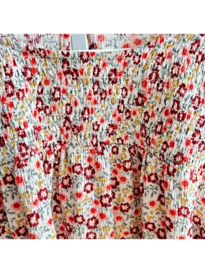 Loft EUC Women's Red Yellow Floral Smocked Ruffle Shoulder Knit Blouse Size L thumbnail 2