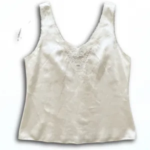 Vintage Ivory Satin Lace Trim Camisole V-Neck Sleeveless Tank Top White thumbnail 1